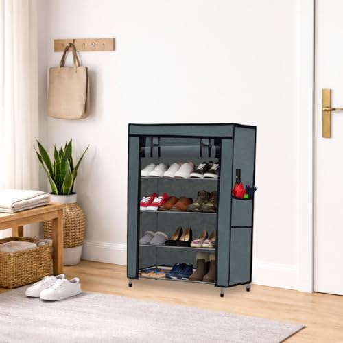 Image of Metal Shoe Stand with Cover, 4 Tier Shoe Organizer for Home & Office - Grey