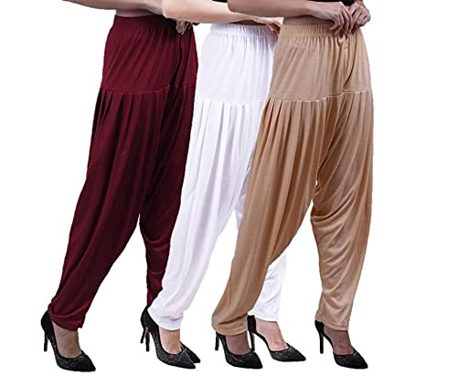 Image of Casuals Women's Regular Fit Viscose Drawstring Patiala Harem Pants Combo Pack 3 (Maroon :: White :: Light Skin,XXL)