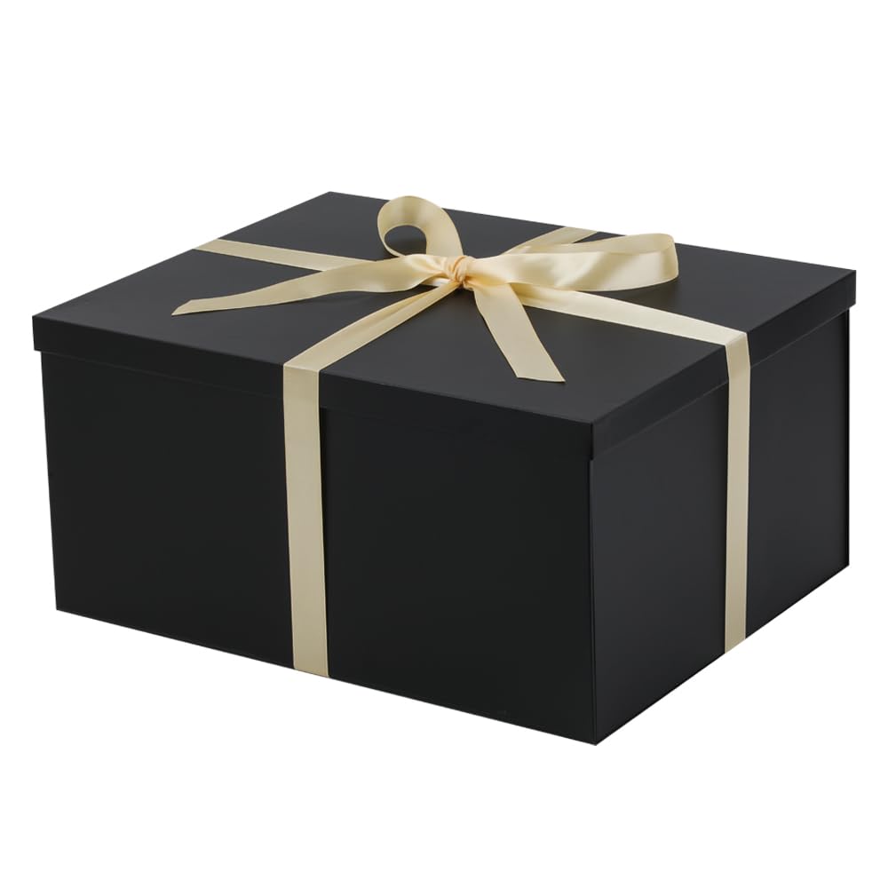 UoeRing 1Pcs Black Extra Large gift box with lids 16.5×13×8 Inches gift boxes for presents,Birthday Box (include Ribbon, Paper Shred Filler Gift Card