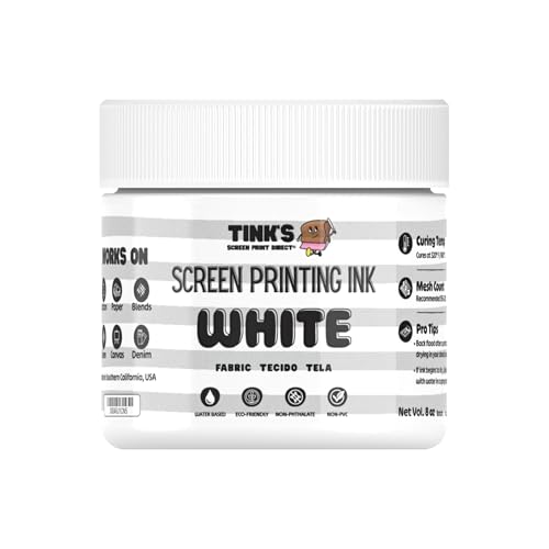 Tink's® Screen Printing Ink White 8oz.—Water Based Screen Printing Fabric Ink for Cotton and Polyester, Blockprinting Ink for Linocut, Opaque Fabric Paint—Paintmaking Supplies for Shirts and Tote Bags