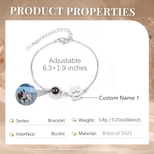 Custom Name Bracelet with Picture inside, Personalized Dog Paw Projection Bracelets with Names, Picture Bracelet Personalized Photo, Pet Dog Cat Memorial Gifts for Women2