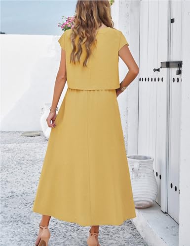 Image of HangNiFang Summer Skirt Sets Women 2 Piece Outfits Cap Sleeve Top Elastic Waist Maxi Dress Sets with Pockets