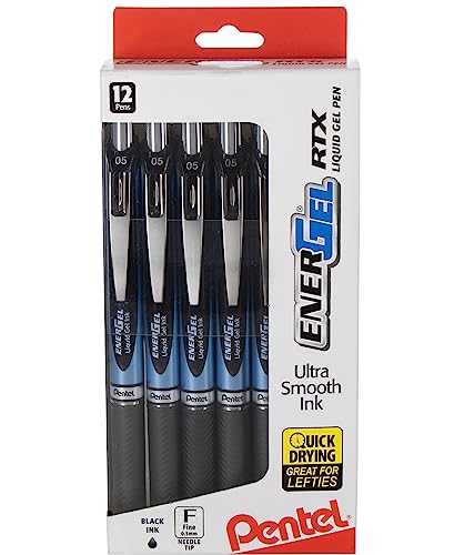 Pentel EnerGel RTX Retractable Liquid Gel Pen, (0.5mm) Needle Tip, Fine Line, Black Ink, 12 Pack Window Box