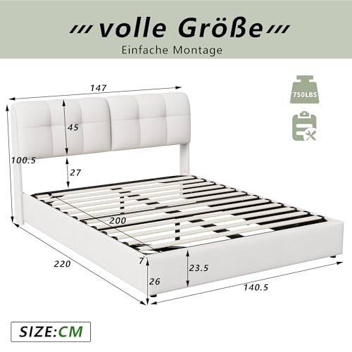 LONELYO Bett mit Bettkasten, 140 x 200 cm, mit LED RGB 7 Farben & Hydrauliksystem – Samt, hellbeige, gepolstert, geräumige Aufbewahrung & Lattenrost – modernes Design