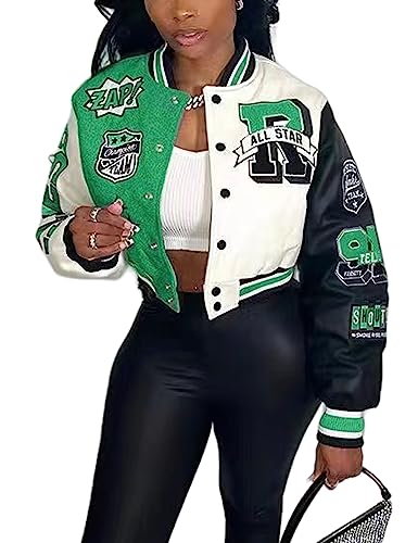 Perbai Women's Cropped Varsity Jacket Colorblock Letter Print Button Down Letterman Bomber Coat with Pockets Y2K Streetwear