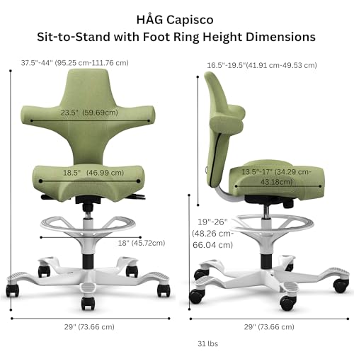 Image of HAG Capisco Sit to Stand Chair-White Frame-Upholstered Bright Green-with Foot Ring