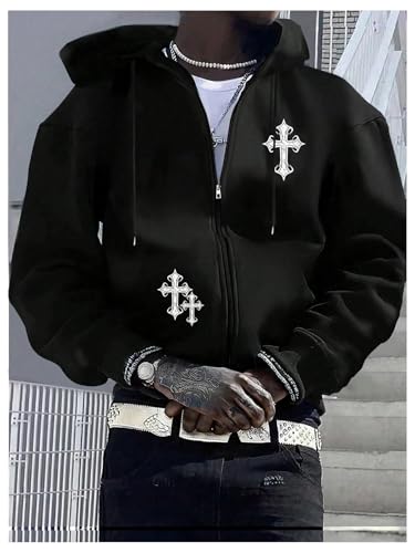 Floerns Men's Cross Print Long Sleeve Jacket Zipper Up Hooded Sweatshirts3