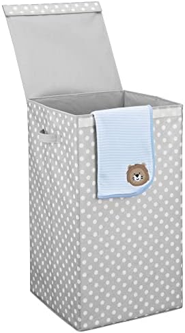 mDesign Large Laundry Hamper Basket with Hinged Lid - Portable and Foldable for Compact Storage - Single Hamper Design for Nursery, Girl's Room, Kid's Playroom - Fun Polka Dot Print - Gray/White Dots