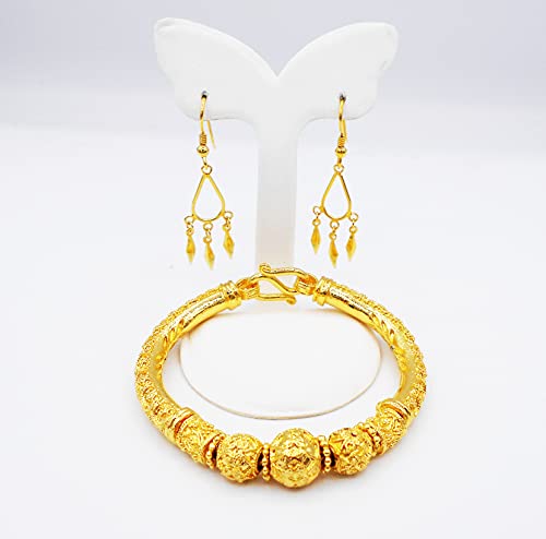 Lai Thai Gold Plated Bangle 24k Thai Baht Yellow Gold Filled Bracelet Size 6.5 Inch and Earrings 1 Pair2