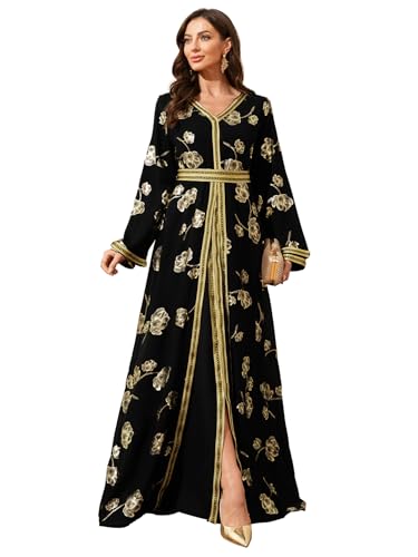 Image of Abaya for Women Floral Embroidered Muslim Dress V-Neck Arabian Maxi Robe