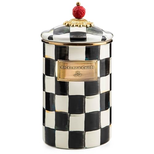 MACKENZIE-CHILDS Large Enamel Canister, Kitchen Storage Container for Flour and Sugar, 1.89 Liter, Black and White Coat Check