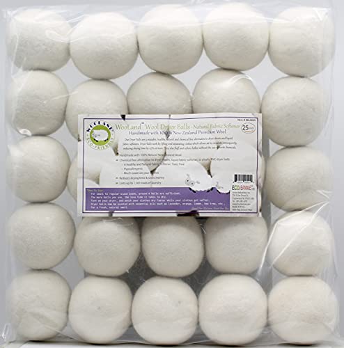 EcoJeannie Wooland Wholesale Bulk Laundry XL Premium Wool Dryer Balls - 100% New Zealand Organic Wool Natural Fabric Softener for Sensitive Skin, Babies (25 Count)