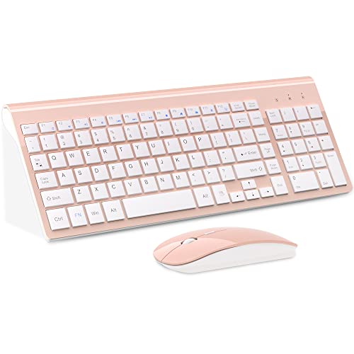 Wireless Keyboard and Mouse Ultra Slim Combo, TopMate 2.4G Silent Compact USB Mouse and Scissor Switch Keyboard Set with Cover, 2 AA and 2 AAA Batteries, for PC/Laptop/Windows/Mac - Pink White