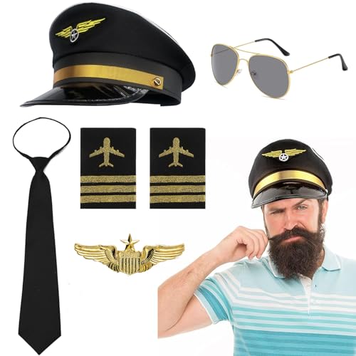 ELYIQI 5 Stück Piloten Kostüm Herren, Piloten Kostüm Set für Herren, Pilotenmütze, Abzeichen, Schulterklappen, Brille und Krawatte, Ideal für Karneval, Fasching, Mottopartys und Rollenspiele