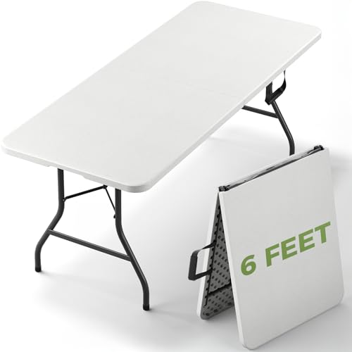 MAKE CHANGES Folding Table, 6 FT Foldable Plastic Table with Carrying Handle, Heavy Duty Portable Fold-in-Half Utility Table for Party, Camping, Banquet, Craft, Wedding, Indoor & Outdoor Use