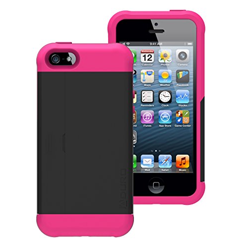 Aduro CACHE Rugged Dual Layer Case for Apple iPhone SE/5/5S with Kick-Stand and Credit Card Compartment (Black/Pink)