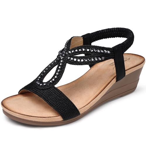 SHIBEVER Women's Black Sparkly Wedge Sandals Size 6