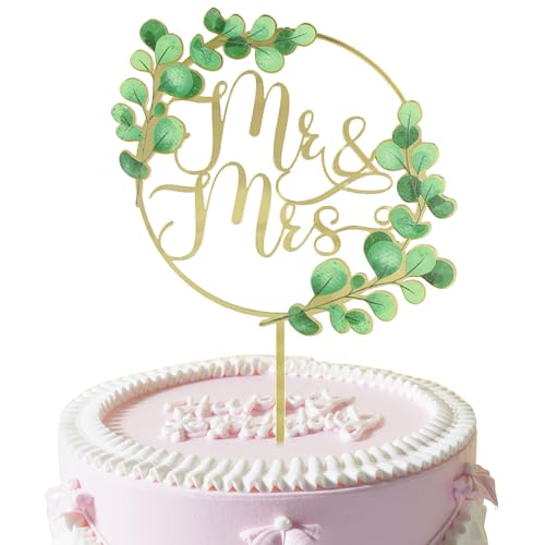 Decoración acrílica para tartas Mr and Mrs, decoración dorada para tarta de boda con hojas, adornos redondos para decoración de pasteles, decoración de tartas para despedida de soltera o fiesta de