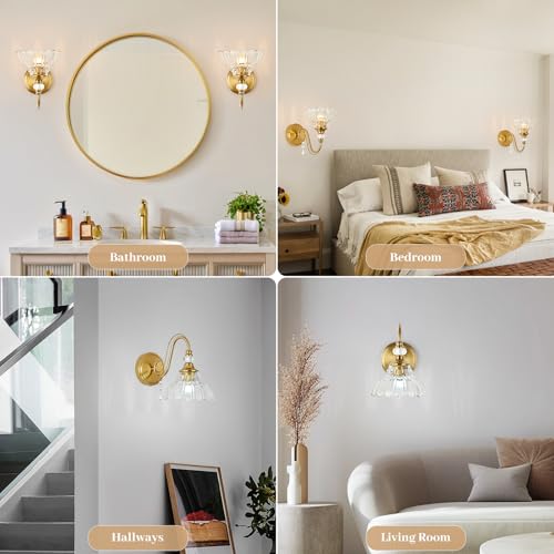 Image of 1 Piece Vintage Wall Sconce, 1-Light Brushed Gold Finish Wall Sconce with Hanging Crystal Accents and Flower-Shaped Clear Shades for Bathroom Bedroom Living Room,Vintage Vanity Light