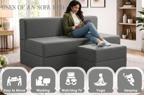 Image of Rosebell Foldable Sofa-Cum-Bed with Ottoman | 3-in-One Foldable Sofa, Lounger & Bed-5x6 Feet Three Seater- Perfect for Home & Office -Grey-Color