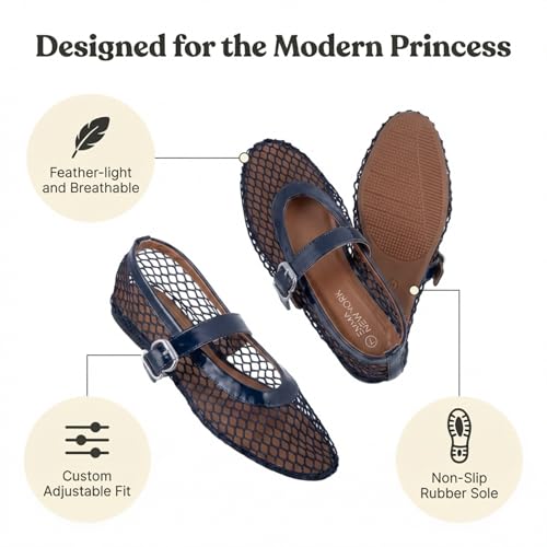 Image of EMMA NEW YORK Mesh Ballet Flats for Women, Mary Jane Mesh Ballet Flats Shoes for Women with Buckle Strap