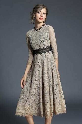 LAI MENG FIVE CATS Women's 3/4 Sleeve Elegant Floral Lace Cocktail Party Swing Midi Dance Dress4