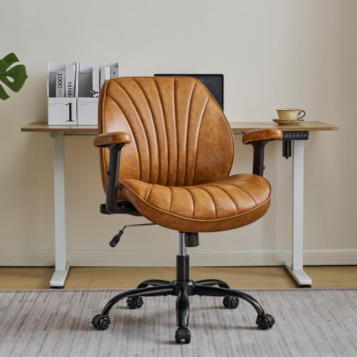 Image of YFO Home Office Desk Chair, Adjustable Armrests PU Ergonomic Chair, Brown