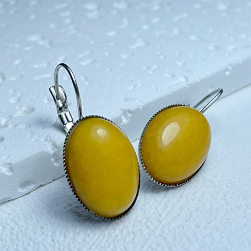 Hqfjw Natural Oval Yellow Agate Onyx Stone Crystal Quartz Drop Earrings,Platinum Plated Silver Healing Genuine Gemstone Dangle Earrings Jewelry Gift For Women Girls (H_Yellow Agate) #TOP1