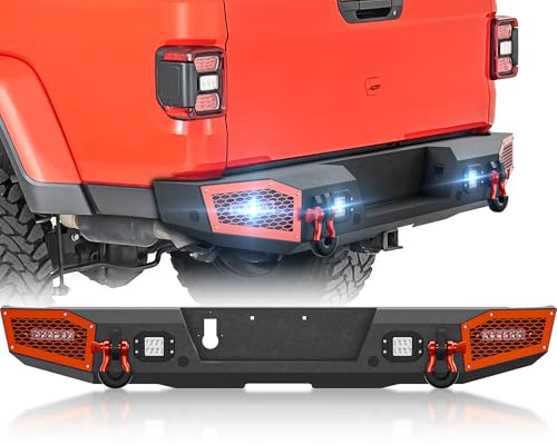 Image of for JT Rear Bumper Compatible with 2020 2021 2022 2023 2024 2025 2026 Jeep Gladiator JT Full Width Pickup Bumper with 18W LED Lights, Paintable Armor, Sensor Holes & D-rings, 2 /4 Doors (Black)