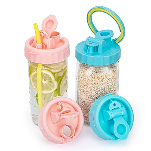 Mason Jar Lids, Wide Mouth Flip Cap Mason Lids With Straw Reusable Drinking Canning Lids Leak-Proof Airtight Seal Easy Pouring Spout For Milk Coffee Lemonade Salad Dressings(Pink, Blue, 2) #TOP5