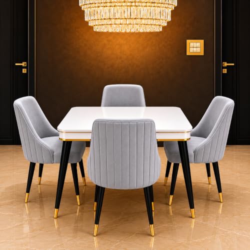 Image of WOODEN SPACE 4 Seater Wooden Dining Table Set | Urban Marble Top Dining Table with Chairs for Dining Room & Kitchen (Modern Infinity Backline Light Grey) (42 x 42 x 30 inch)
