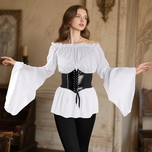 Women Renaissance Blouse Top Corset Waist Belt, Pirate Corset Shirt, Medieval Costume Off Shoulder Peasant Shirt4