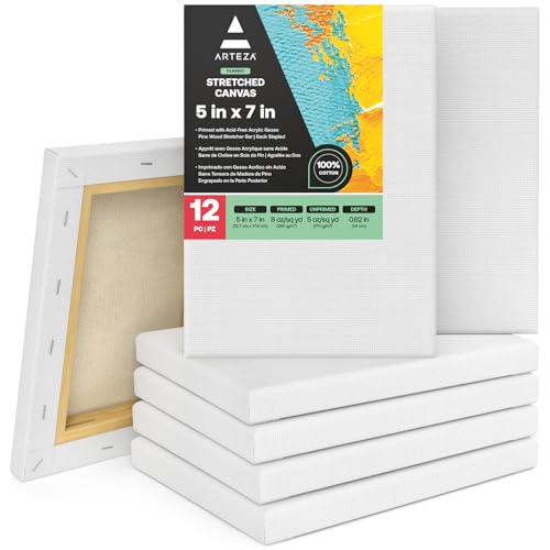 ARTEZA Stretched Canvas, 5 x 7 Inches, Pack of 12, Blank White Canvas for Painting for Acrylic, Oil and Gouache Paints