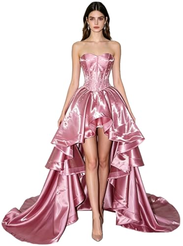 XIAOMANYAO Woman’s High Low Prom Dresses Sweetheart Ruffles Sequins Formal Wedding Party Gowns Dusty Pink US10