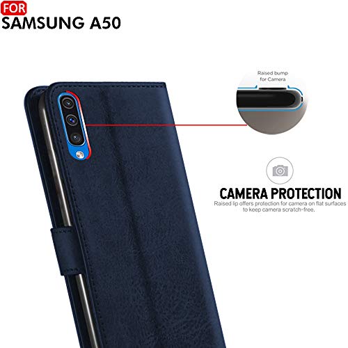Image of TheGiftKart Genuine Leather Finish Flip Cover for Samsung Galaxy A50s / A50 / A30s | Inside Pockets & Inbuilt Stand | Wallet Style Back Case | Designer Button Magnet Closure (Blue)