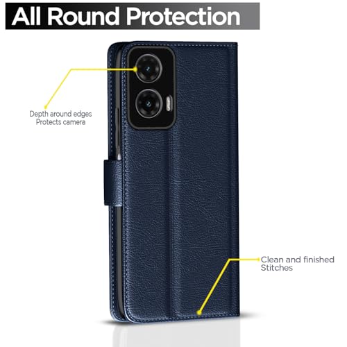 Image of Pikkme Flip Cover Leather Finish | Inside TPU with Card Pockets | Wallet Stand and Shock Proof | Complete Protection Button Flip Case for Moto G35 5G(Blue)