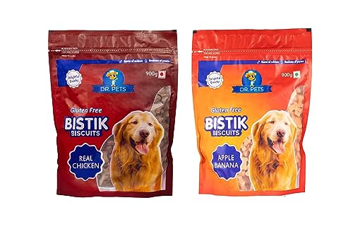 Image of Dr. Pets Pack of 2 (900g Each) Bistik Dog Biscuits | Real Chicken & Apple Banana Flavour | Gluten Free Crunchy Dog Treats for Puppies & Adult Dogs | Healthy Training Snacks for All Breeds