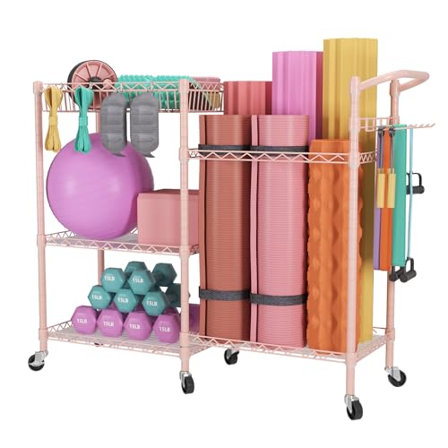 SINGAYE Dumbbell Weight Rack Yoga Mat Storage, Gym Sports Equipment Cart for organizer Workout Room, Home Gym Storage Shelf stand only with Hooks and Wheels