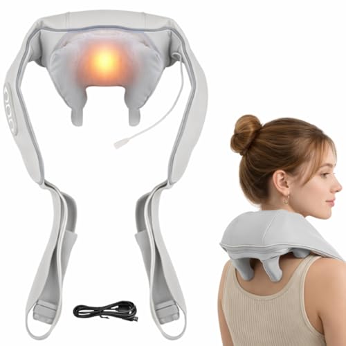 MB Electric Neck and Shoulder Massager with Heat Rechargeable Shiatsu-Style Deep Tissue Massage Neck Massager with Adjustable Straps 2 Heat Levels Portable Relaxation Massager (Light Grey)
