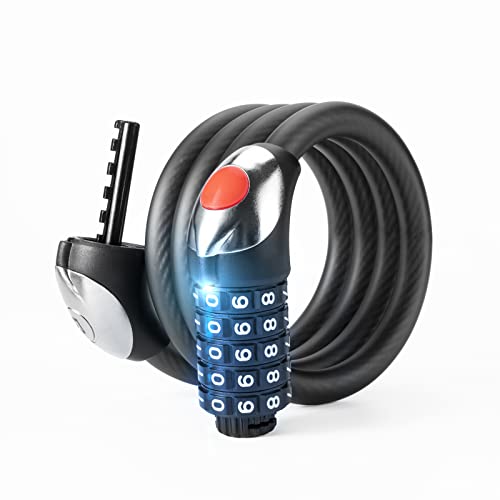 Rockbros Bike Lock Cable 4/6 Feet Bicycle Cable Lock With Led Light For Night High Security 5-Digit Resettable Combination Lock 1525Mm Thickened Steel Cable Lock For Bicycle Motorcycle #TOP5