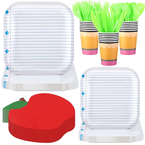 Afarnook 200 Pcs Back to School Party Decorations Notebook Paper Plate Apple Napkin Cup Disposable Tableware Set for First Day of School Preschool Kindergarten Classroom Preschool Supplies Serves 25