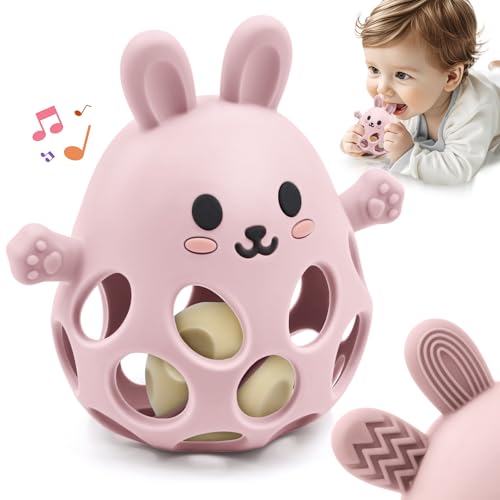 Baby Sensory Teething Toy with Rattle for Newborn 3 6 9 12 18 Months Silicone Bunny Teether Chew Toy for Infant Teething Relief 1st Birthday Gift for Boys & Girls Autistic Toddler Essentials Pink