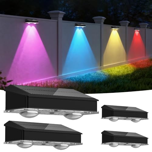 Hqynss Lampe Solaire Extérieur Jardin (Lot de 4), Applique Murale Solaire IP65 Étanche avec 9 Modes RGB, LED Puissante à Lentille pour Clôture, Terrasse,...