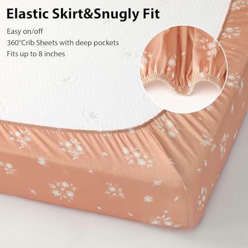 Baby Crib Sheets Girl, 3 Pack Toddler Bed Sheets for 52”x28” Standard Toddler Mattresses, Soft Microfiber Fitted Crib Sheets Neutral Orange Watercolor Flower
