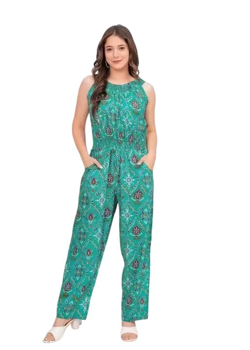 Women's Printed Jumpsuit, Rayon, Belted Waist (IN, Alpha, M, Slim Girls, GREEN)-picture-20