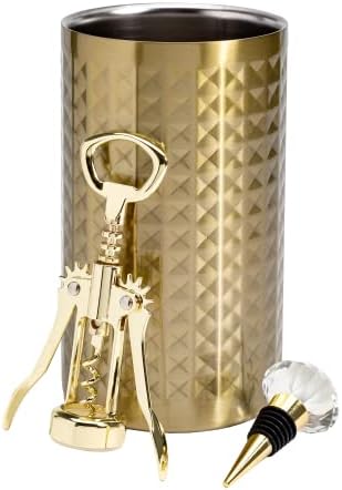 Paris Hilton Wine Bottle Chiller Set, Insulated Double Wall Chiller, Gold Winged Corkscrew Wine Bottle Opener, Diamond Wine Stopper, 3-Piece Set, Gold