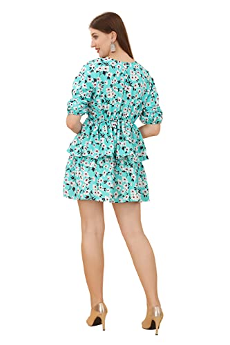 Image of Mini Dress for Women - Fancy Cotton Floral Design Short Dresses Frocks for Girls, Western One Piece Knee Length Dresses for Party, Outing, Casual Wear