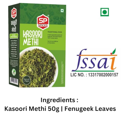 Image of SP Spices Kashmiri Mirch, Chaat Masala, Amchur, Ginger Powder & Kasoori Methi Combo Pack | Premium Indian Spices | Perfect for Cooking, Snacks, Chaat, Curries , vegetables & Marinades (50g Kasoori Methi)