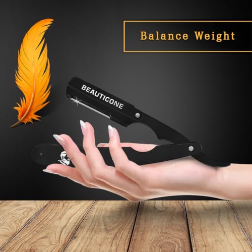 Image of BEAUTICONE Straight Razors for Men - Professional Barber Straight Edge Razor Kit with Replaceable Single Edge Blades - Navajas Para Barbero - Pouch Gift Box (All Black Swinglock New)