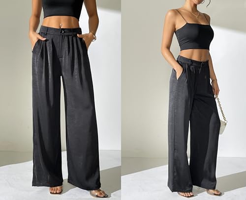 Women's Textured Wide Leg Pants Satin Silky Flowy Dressy Trouser Casual Slacks2